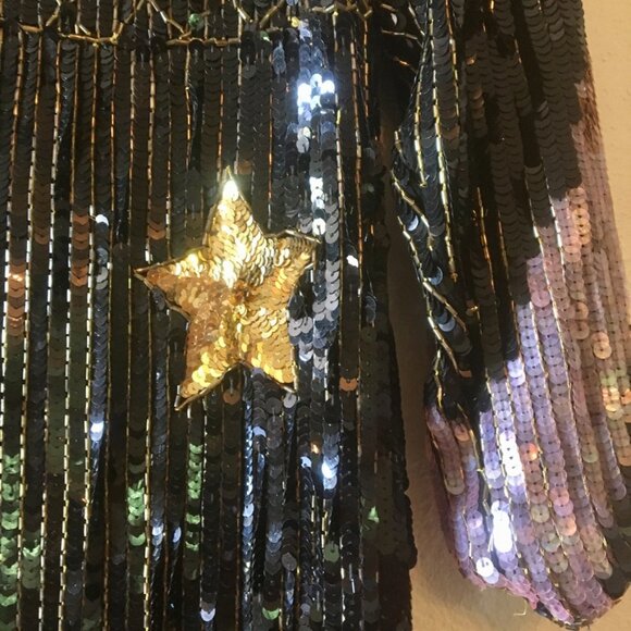 VTG 80s Black Sequins Dress Maxi Dress Gold Stars Blue Pink Lightning Bolt Sz 6 - Picture 6 of 16